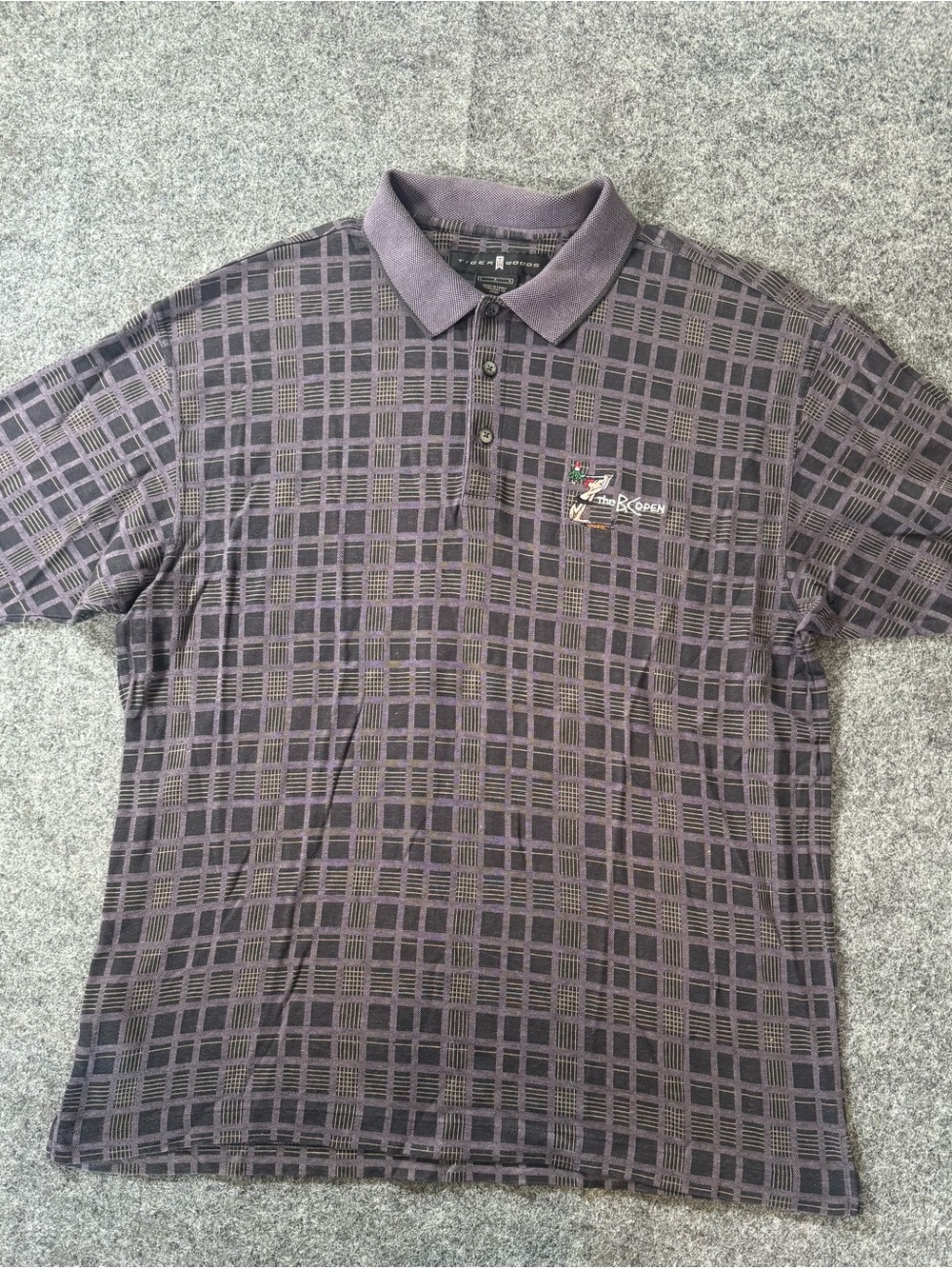 Tiger Woods Nike Golf Polo Mens L‎ Gray Purple Plaid The Open Embroidered